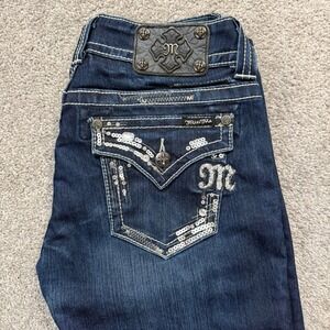 Miss Me Bootcut Jeans Dark Wash Sequin Rhinestone Flap Pocket Denim Size 29